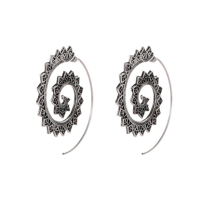 Vintage Spiral Earrings Fashion Ethnic Exaggerated Swirl Gear Earrings Metal Distressed Earrings