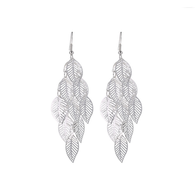 Fashion OL simple gold and silver multi-layer hollow leaf earrings long leaf earrings