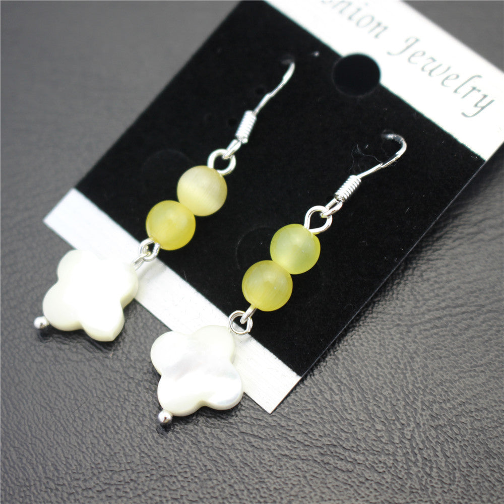 Natural deep-sea shell earrings four-leaf clover opal girl heart earrings plated with 925 silver ear hook earrings