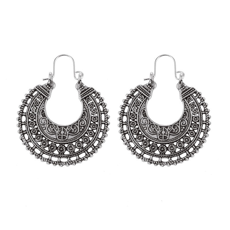 Bohemian Ethnic Retro Hollow Carved Earrings Half Round Trendy Alloy Pattern Earrings