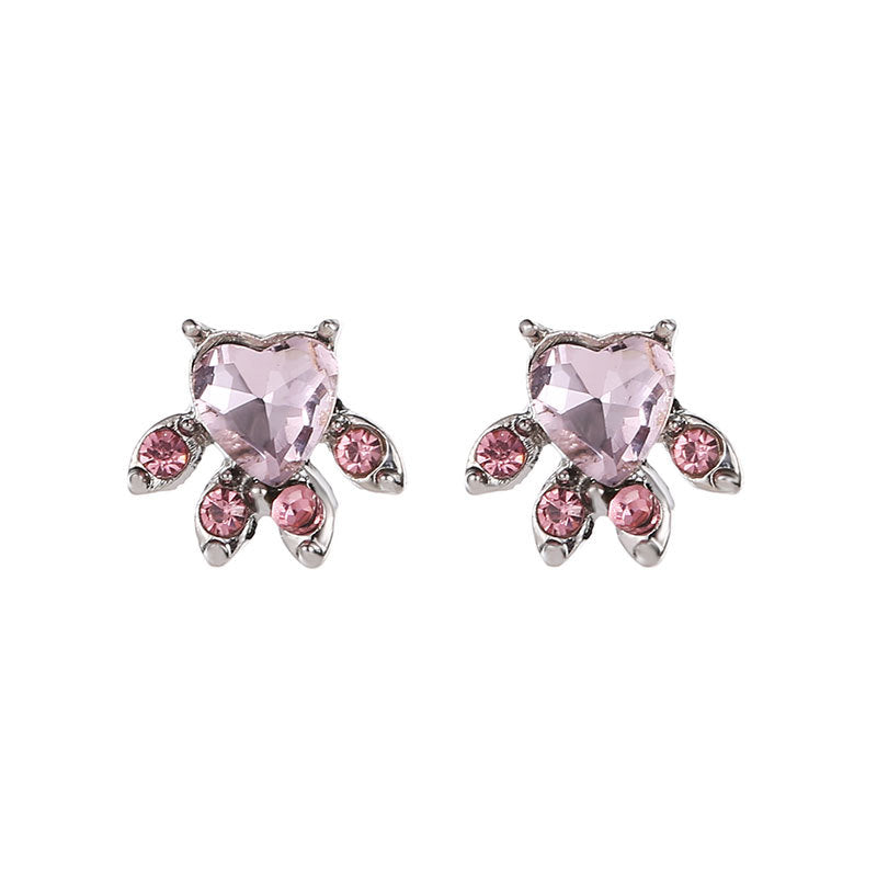 Cartoon cute animal footprints cat paw earrings pink crystal zircon cat paw print cat earrings