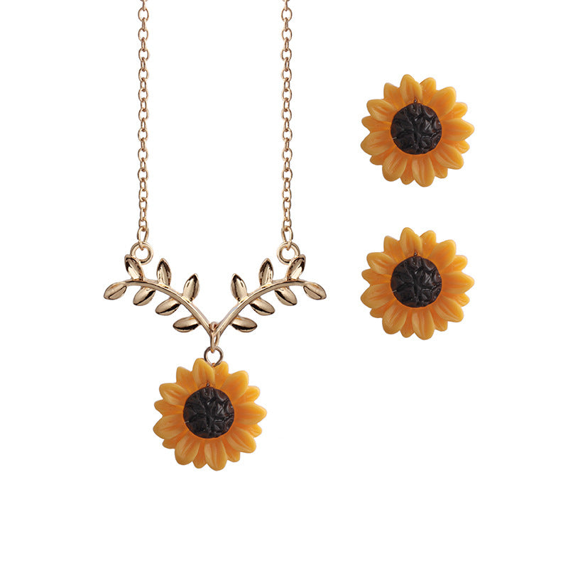 Sunflower leaves flower pendant collarbone chain necklace earrings set branches three-piece set