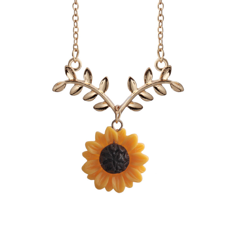 Sunflower leaves flower pendant collarbone chain necklace earrings set branches three-piece set