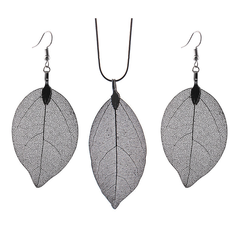 Jewelry Fashion Simple Leaf Necklace Earrings Leaf Specimen Sweater Chain Earrings Three-piece Set