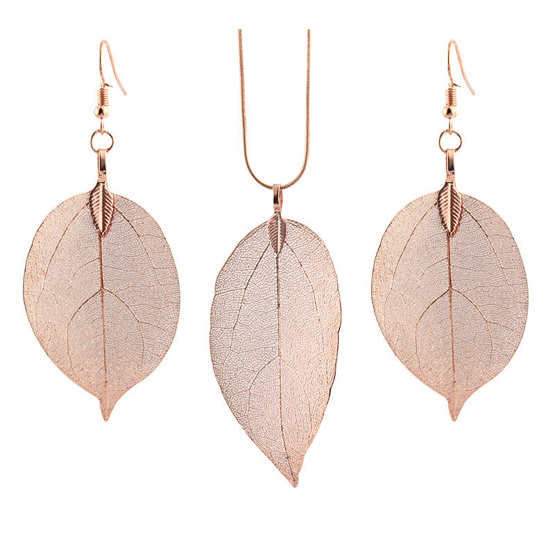 Jewelry Fashion Simple Leaf Necklace Earrings Leaf Specimen Sweater Chain Earrings Three-piece Set