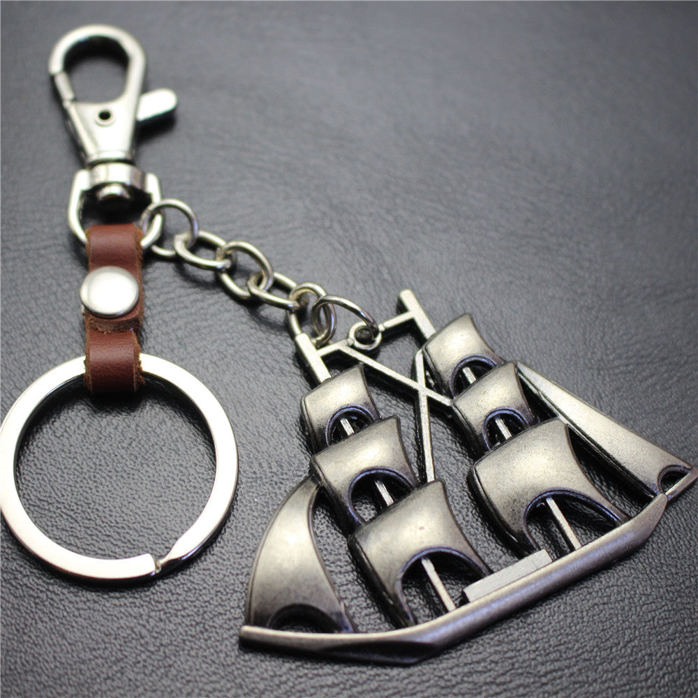 Yifanshun Retro Alloy Sailboat Pendant Leather Keychain 3cm Key Ring Korean Wave Jewelry Bag Pendant