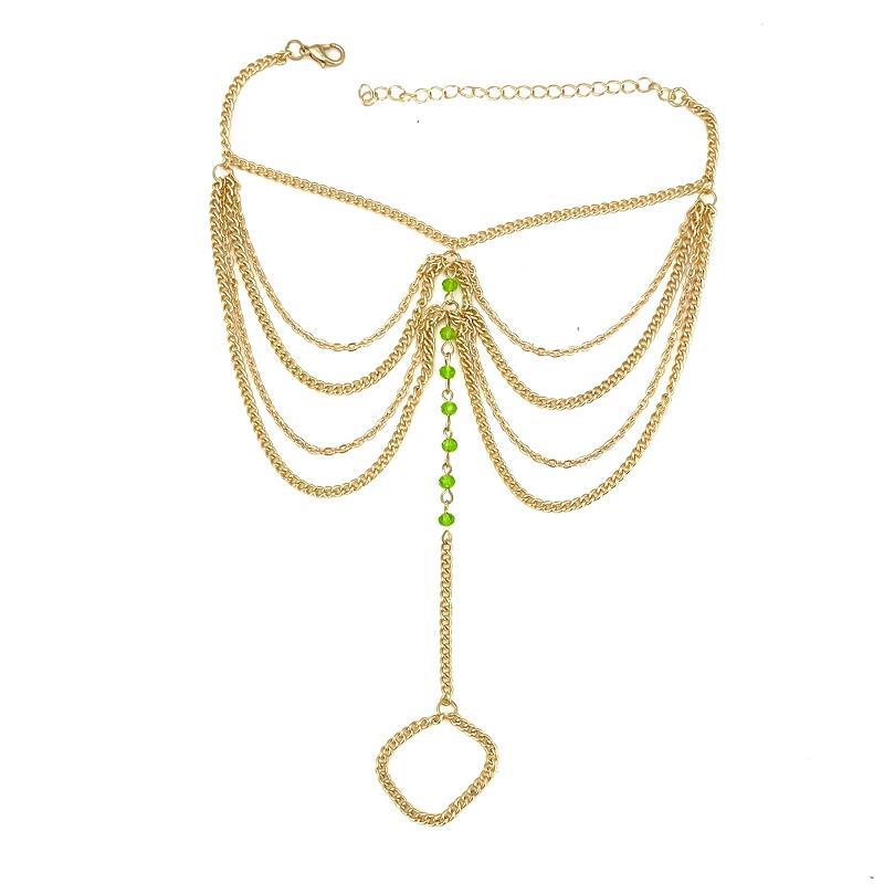 Beach temperament imitation crystal multi-layer tassel chain foot decoration national bride finger metal anklet