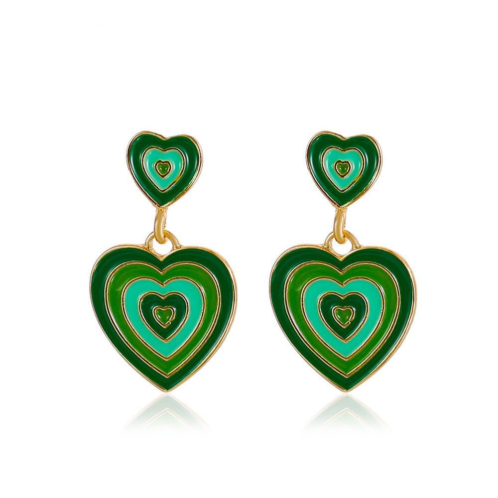 Ins color matching love earrings female retro fashion personality alloy drop nectarine peach heart earrings