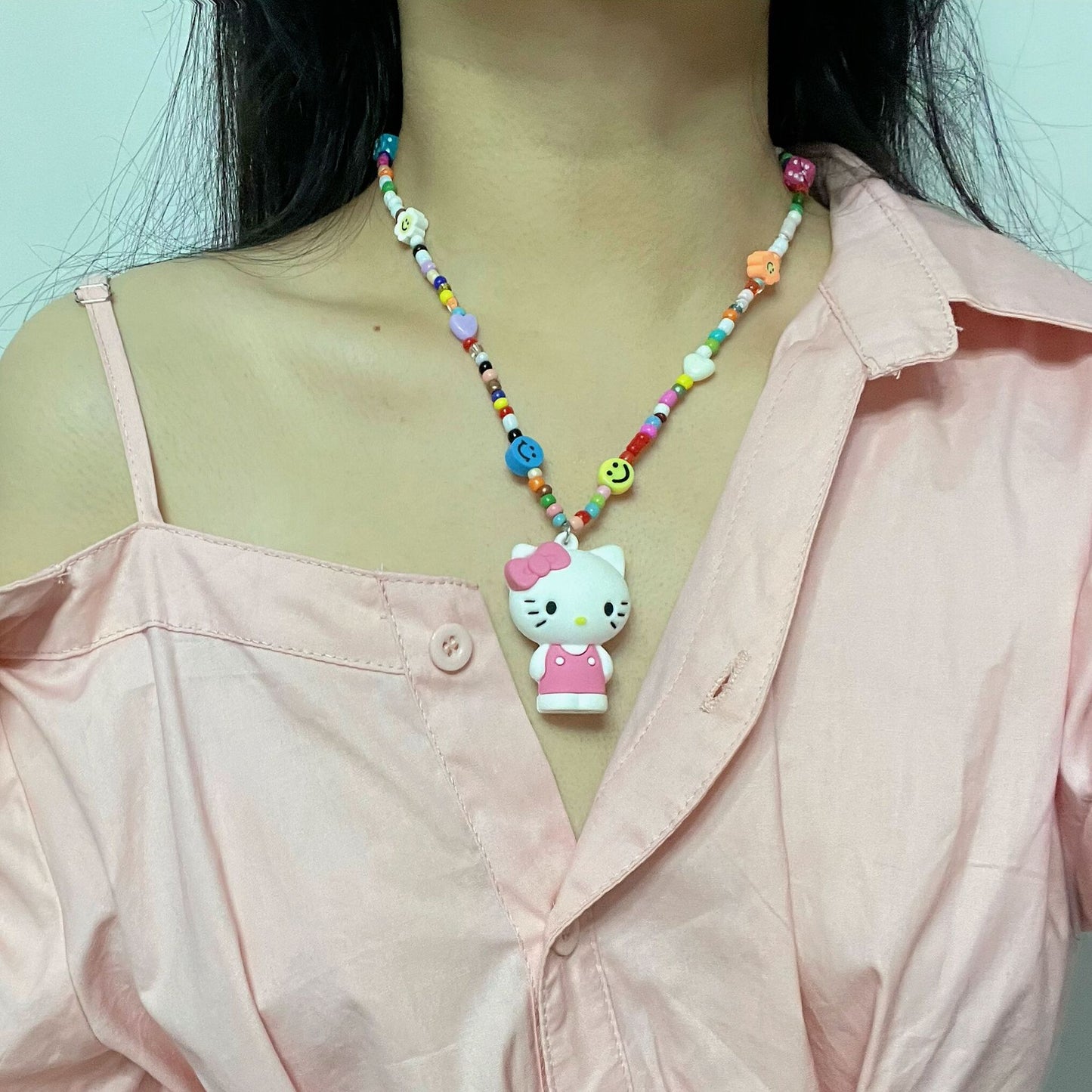 Ins niche design cartoon rainbow monster pendant rice bead necklace hip-hop all-match sweater chain trend style