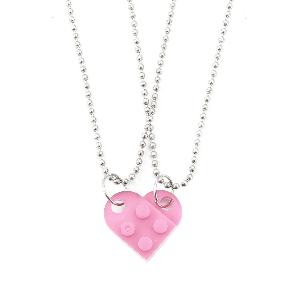 Heart-shaped building block couple necklace ins creative double-layer detachable beaded splicing collarbone chain female