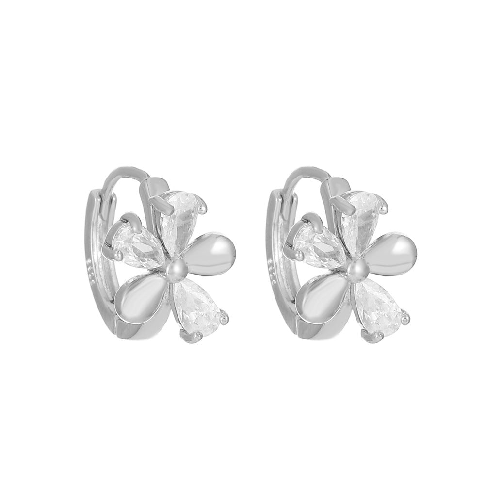 ins simple micro-inlaid zircon flower earrings fashion temperament niche design stitching love ear buckle earrings