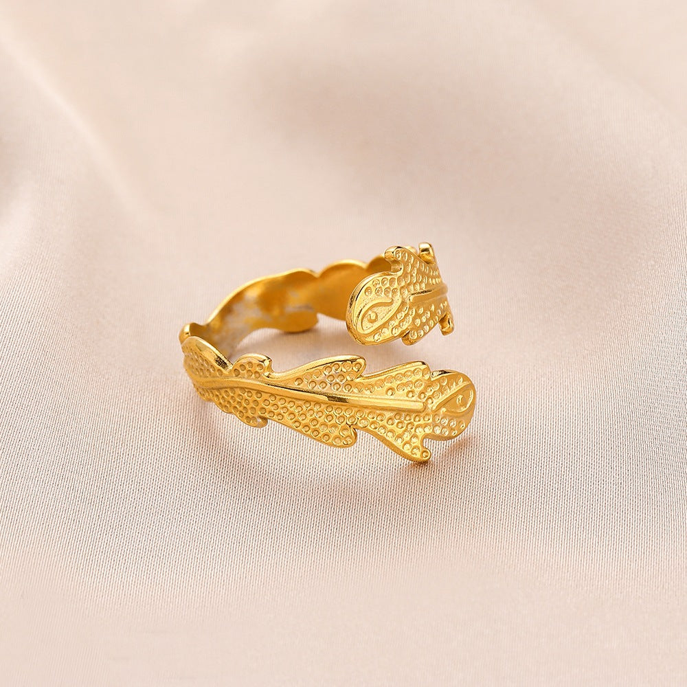 Fashion personality adjustable love stainless steel open ring simple feather leaf heart-shaped ring jewelry