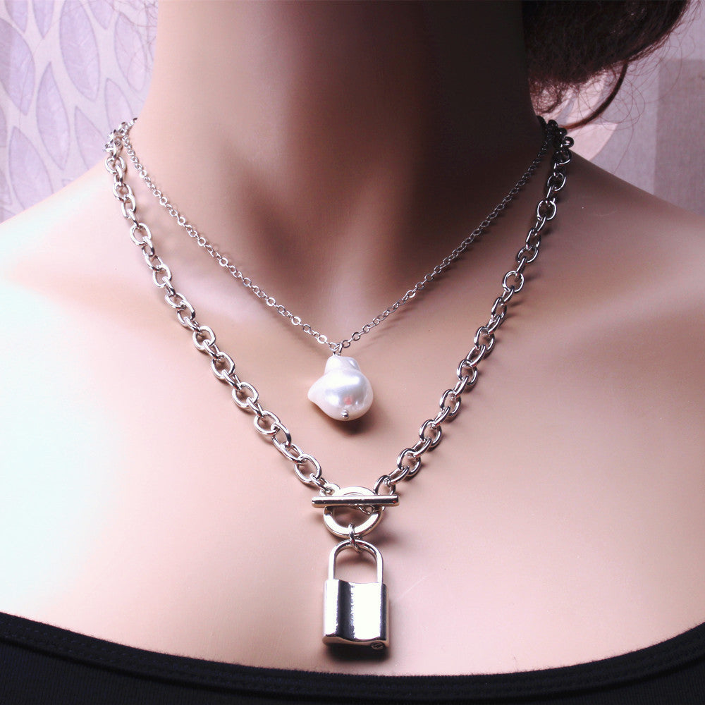 Jewelry Personality Versatile Natural Baroque Pearl Clavicle Chain Set Chain Multi-layer Lock Necklace Women