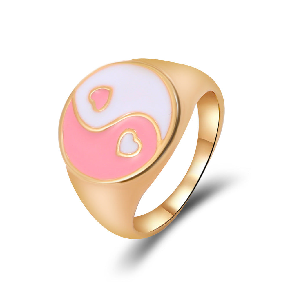 Ins yin and yang gossip ring fashion creative geometric alloy drop oil multi-color ring jewelry female