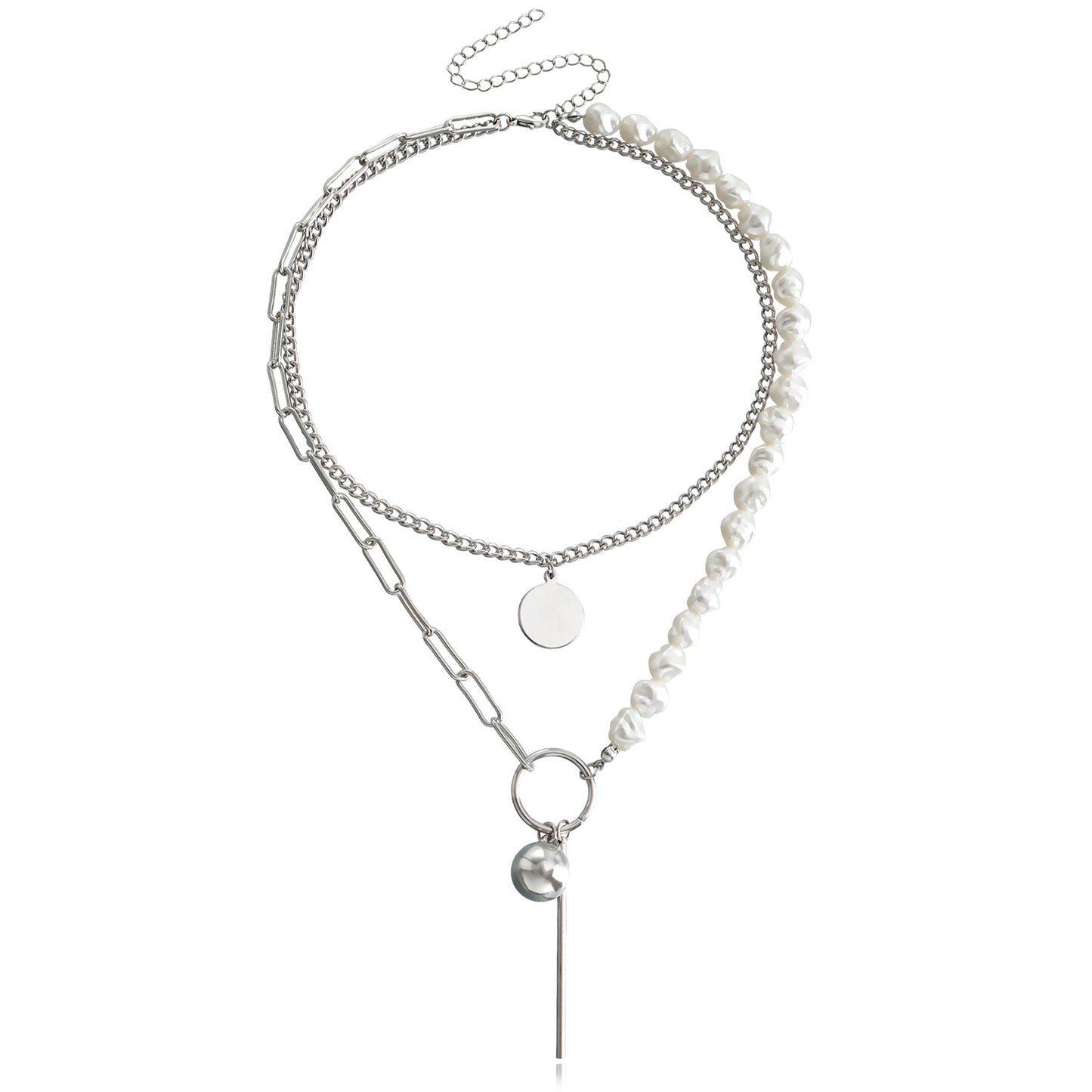 Jewelry Stitching Chain Imitation Baroque Shaped Pearl Necklace Geometric Ball Long Stick Pendant Necklace