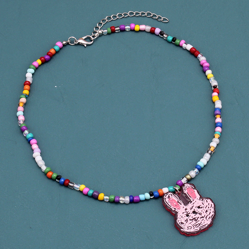 Colorful Beaded Necklace Cartoon Cute Niche Colorful Beaded Necklace Girl Heart Clavicle Chain Short Pendant