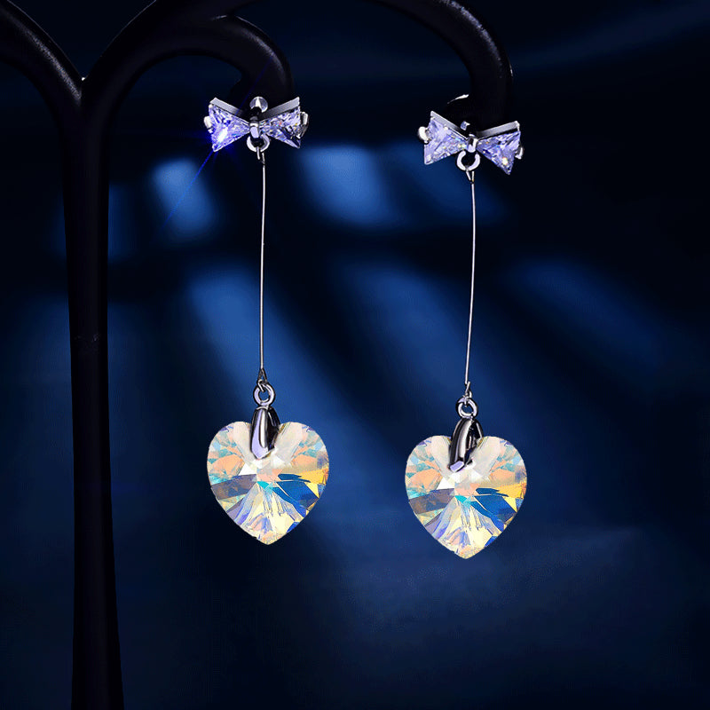 Fashion Ladies Long Color Crystal Diamond Heart Shape Pendant Stud Earrings Bow Knot Earrings Jewelry