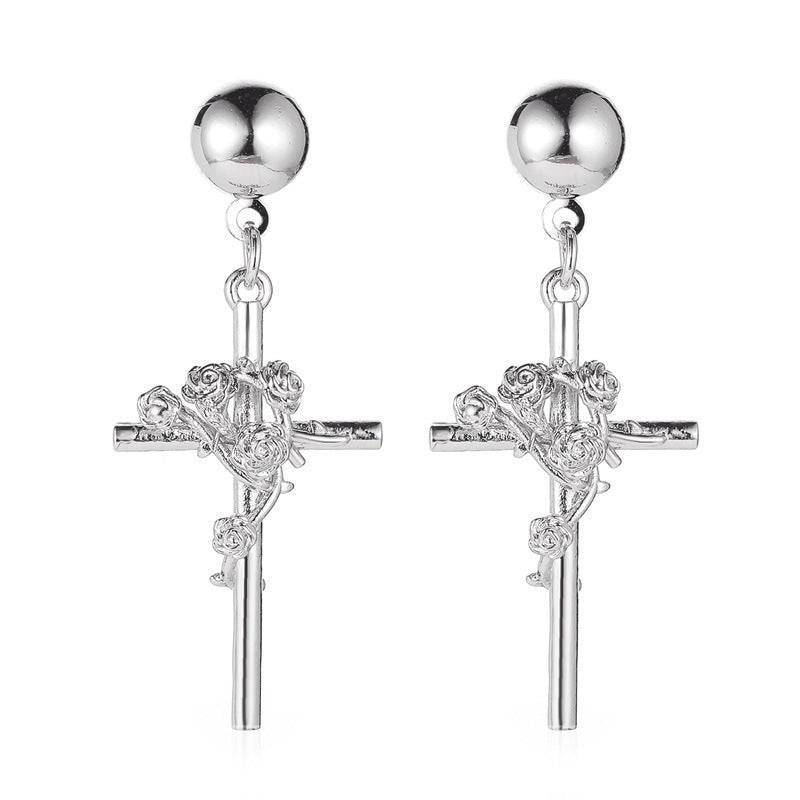 Three-dimensional embossed rose earrings creative temperament metal cross earrings earrings ladies