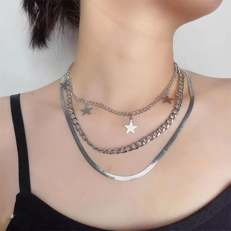 Fashion Simple Geometric Flat Snake Bone Chain Necklace Hip Hop Sequin Star Pendant Necklace Set