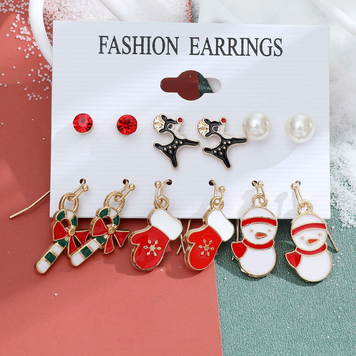 Christmas series snowflake bell earrings combination set cartoon oil dripping cane old man earrings female