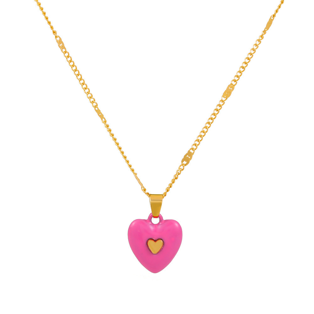 Fashion enamel dripping oil double love necklace French light luxury inlaid peach heart pendant clavicle chain simple necklace