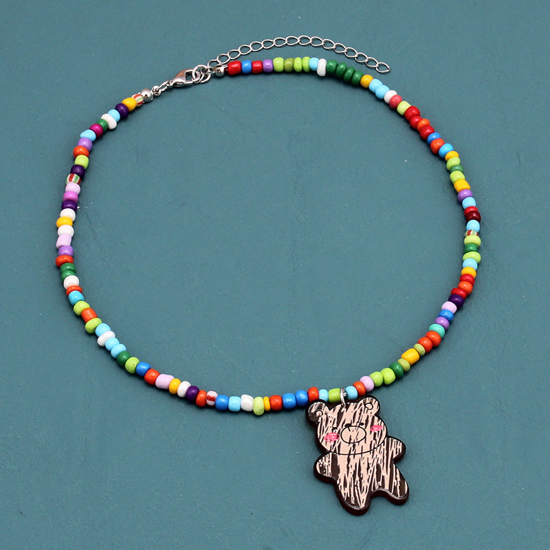 Colorful Beaded Necklace Cartoon Cute Niche Colorful Beaded Necklace Girl Heart Clavicle Chain Short Pendant