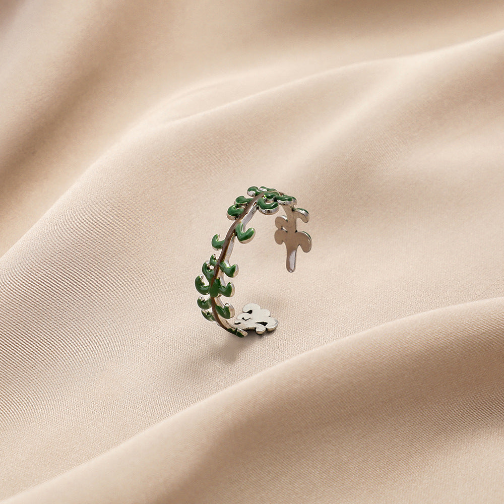 Fashion personality color drop oil flower feather stainless steel ring love titanium steel open ring jewelry