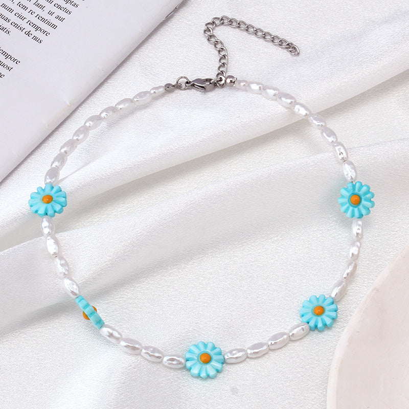 Summer pearl beaded seashell flower necklace design sense ins fashion stainless steel accessories clavicle chain