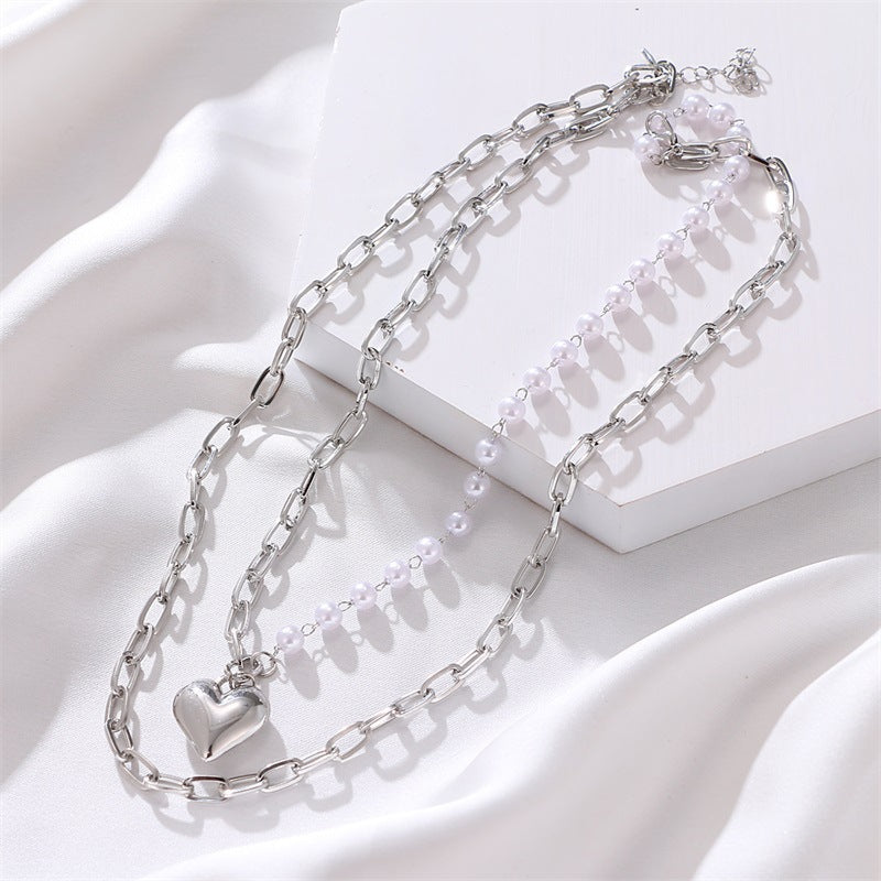 Jewelry punk double-layer geometric big heart pendant imitation pearl necklace female ins all-match necklace