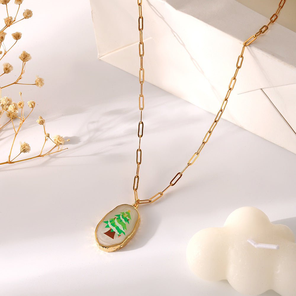 Irregular Oval Resin Christmas Snowflake Necklace Personality Fashion Simple Original Alloy Pendant Female