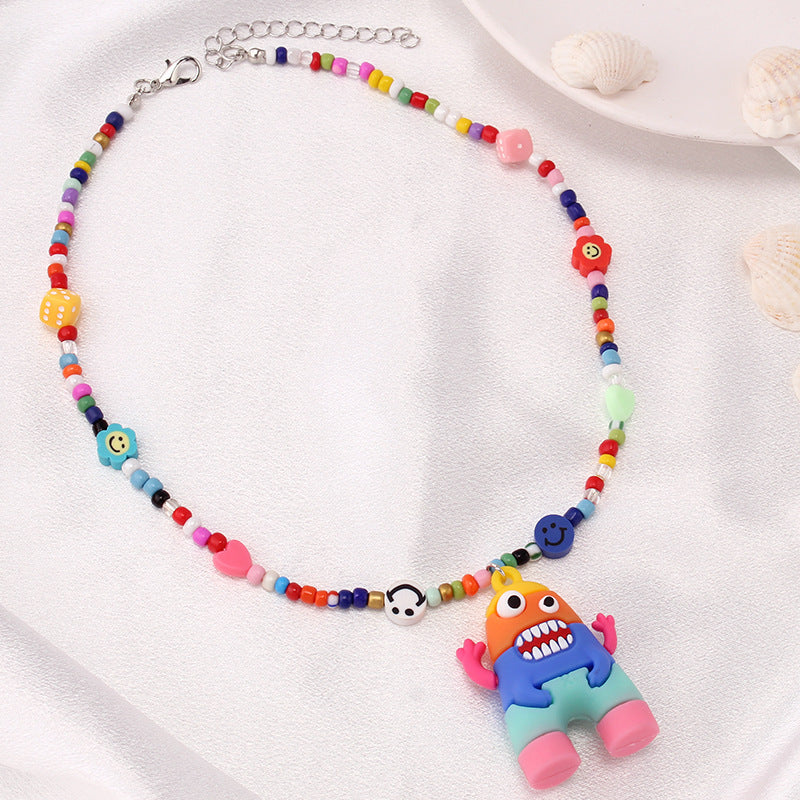 Design sense cartoon monster pink rabbit pendant necklace year ins niche hip-hop color collarbone chain
