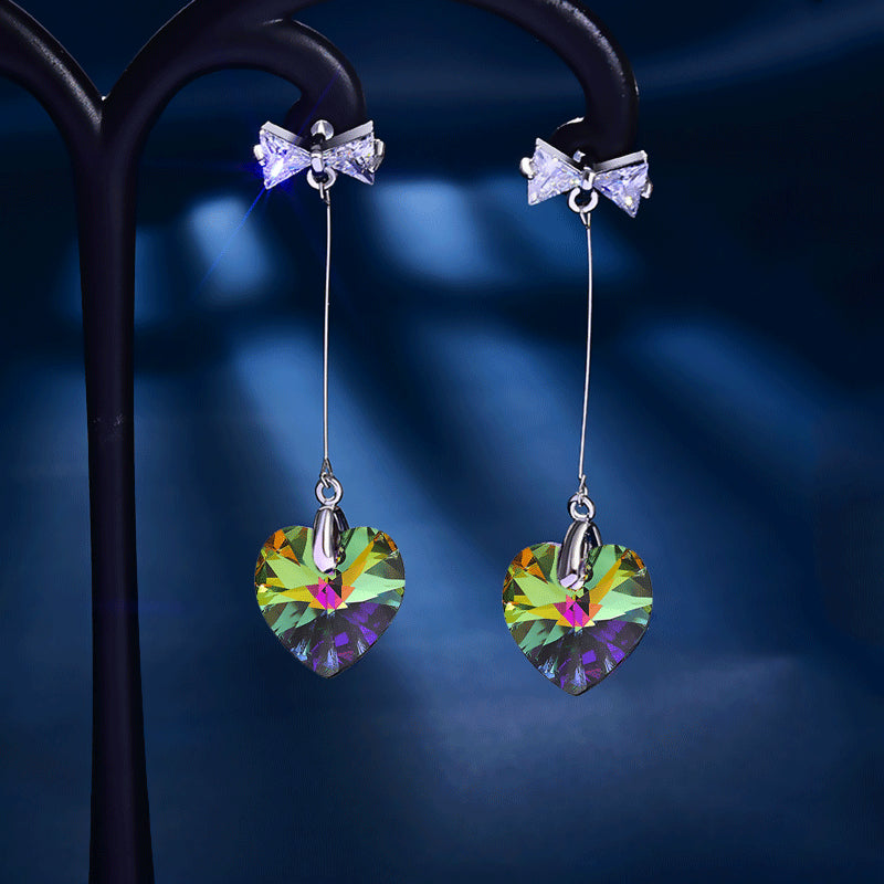Fashion Ladies Long Color Crystal Diamond Heart Shape Pendant Stud Earrings Bow Knot Earrings Jewelry