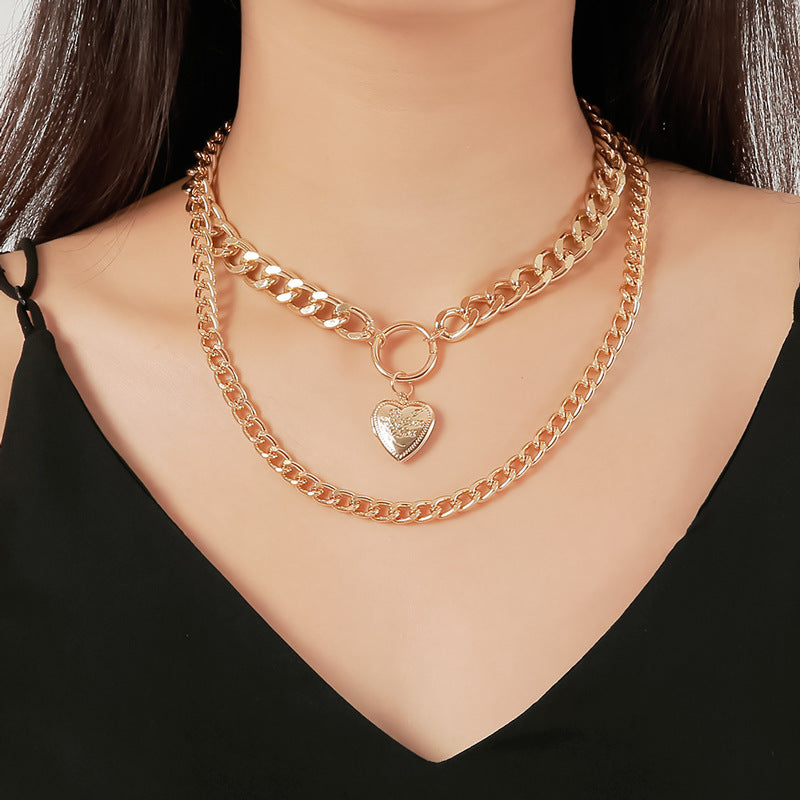 Retro Multilayer Necklace Creative Coin Love Lock Sweater Chain Metal Thick Chain Clavicle Chain Accessories