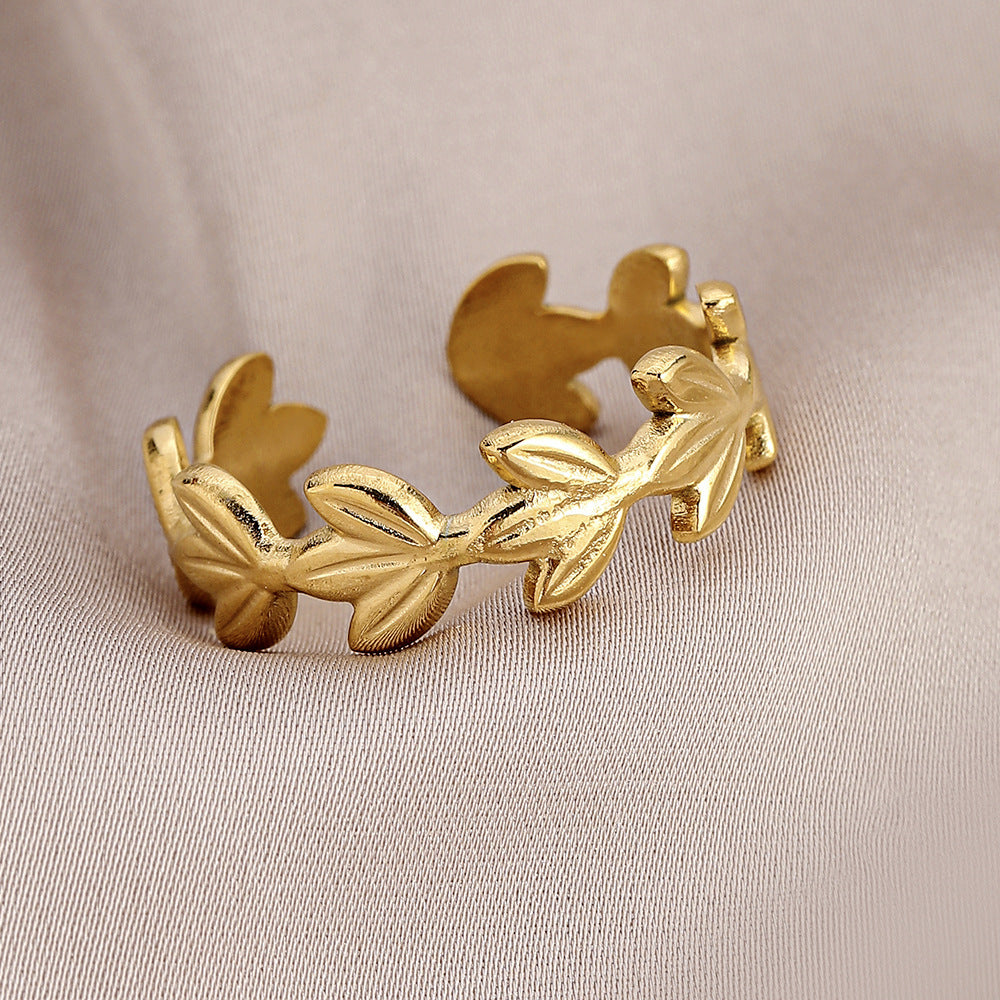 Personality adjustable stainless steel open ring simple feather leaf titanium steel ring jewelry female
