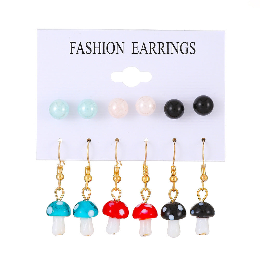 Ins color butterfly heart earring set fashion pearl flower mushroom earring six-piece set trendy