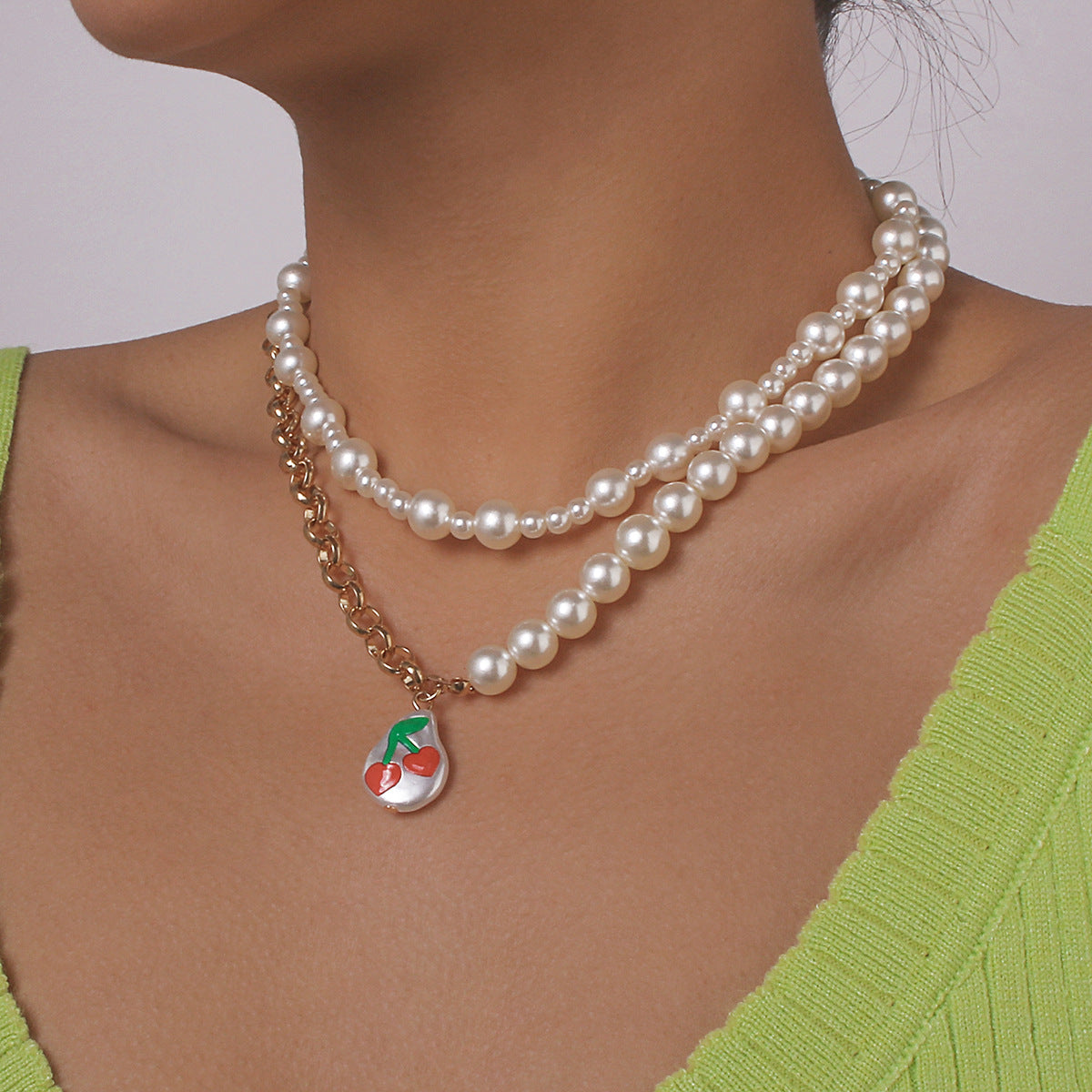 N1115 Xiaoxiang Net Red Necklace Women's Mosaic Pearl Cute Drop Oil Necklace Atmospheric Elegant Geometric Necklace