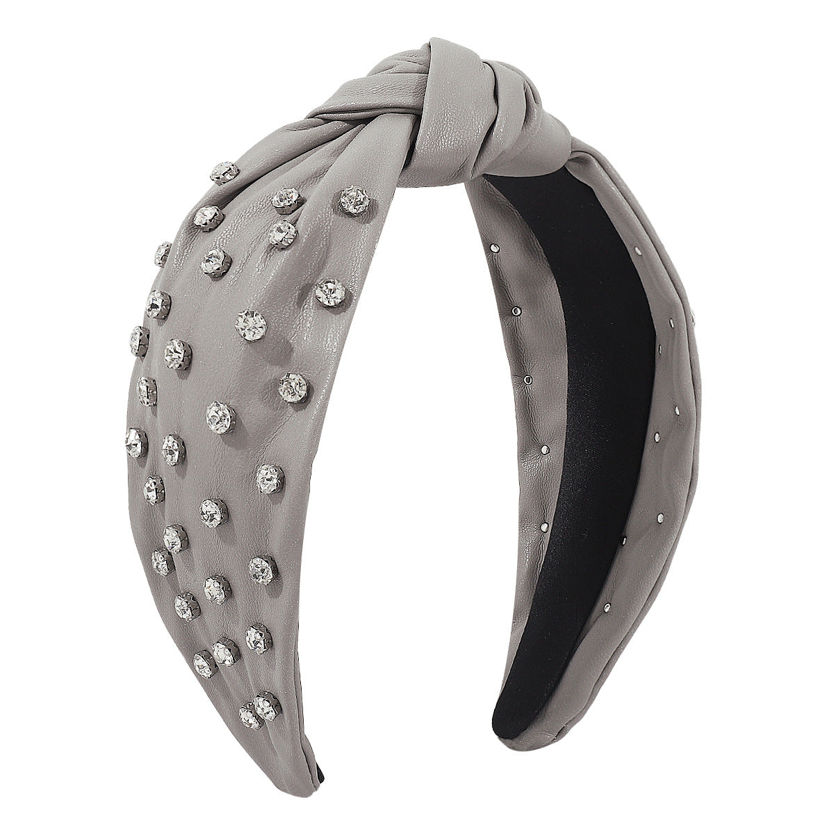 F5116 Exaggerated Heavy Industry Leather Rhinestone Headband Creative Personality Pure Color Knotted Fashion Light Luxury Headband