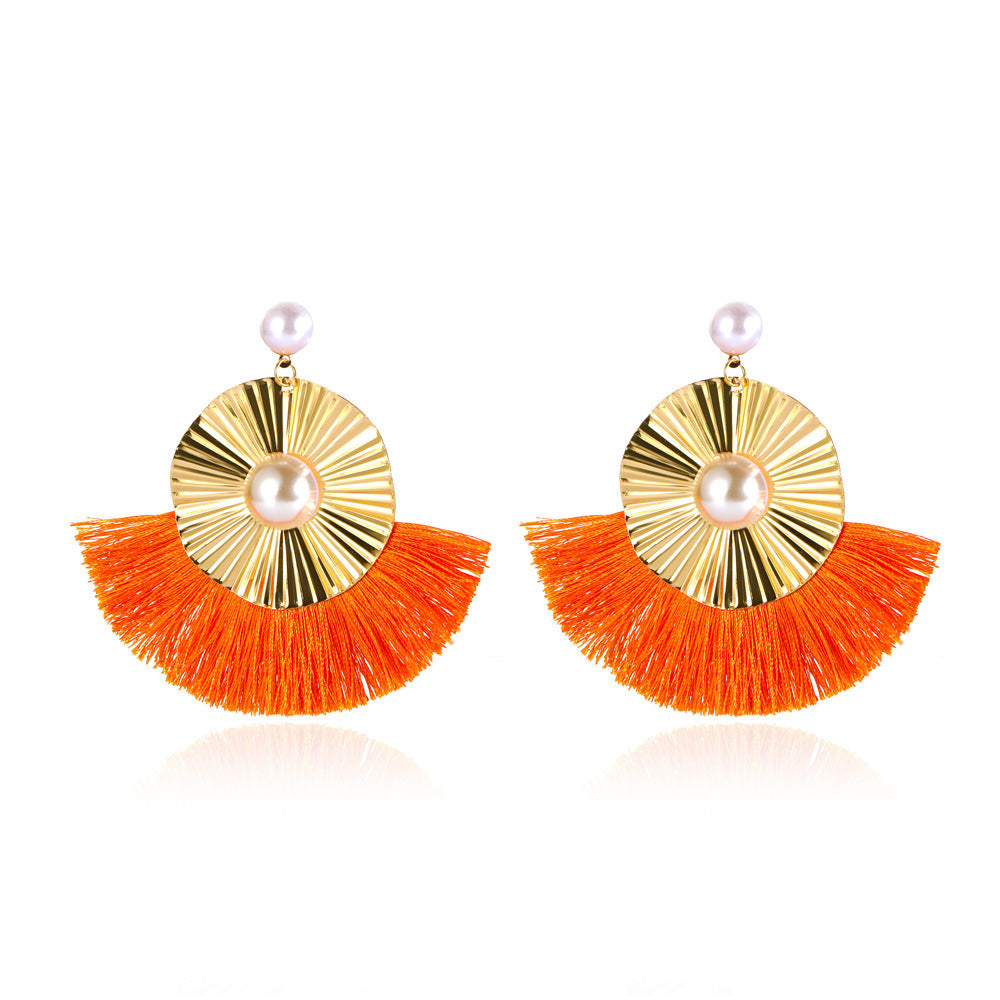 Exaggerated Metal Tassel Earrings Bohemian Fan-shaped Irregular Earrings Retro Geometric Pearl Earrings