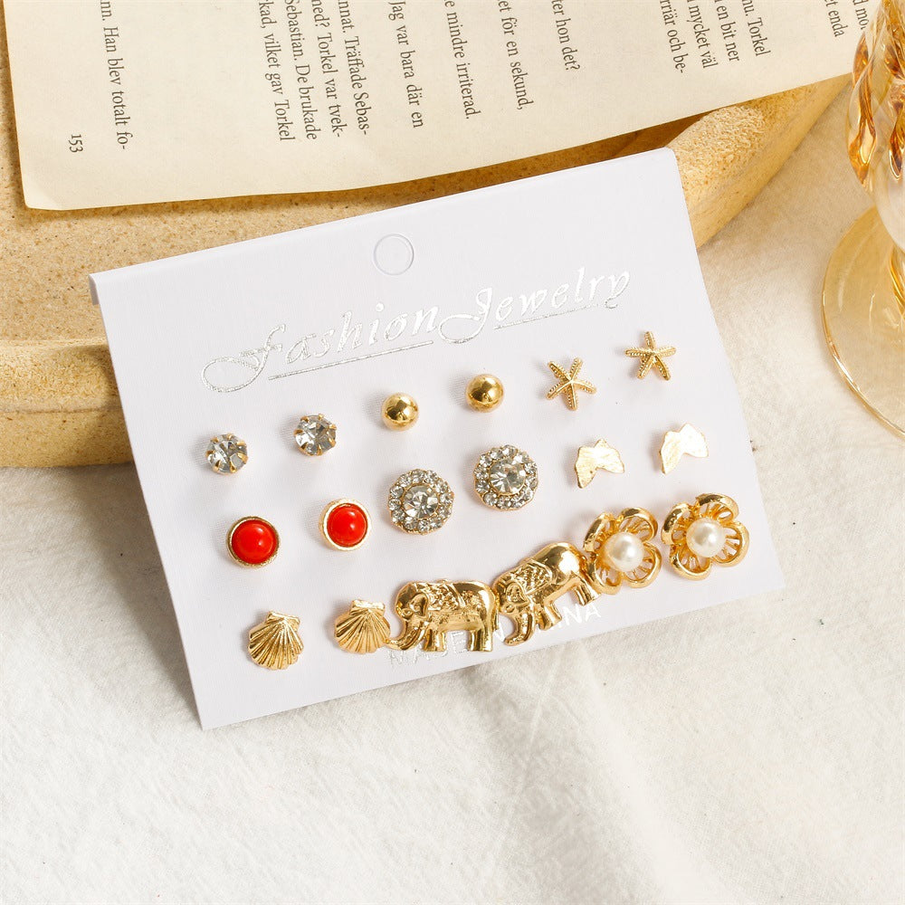 Simple Set Earrings Creative Cute Elephant Pearl Earrings Feminine Earrings Nine Pairs of Earrings