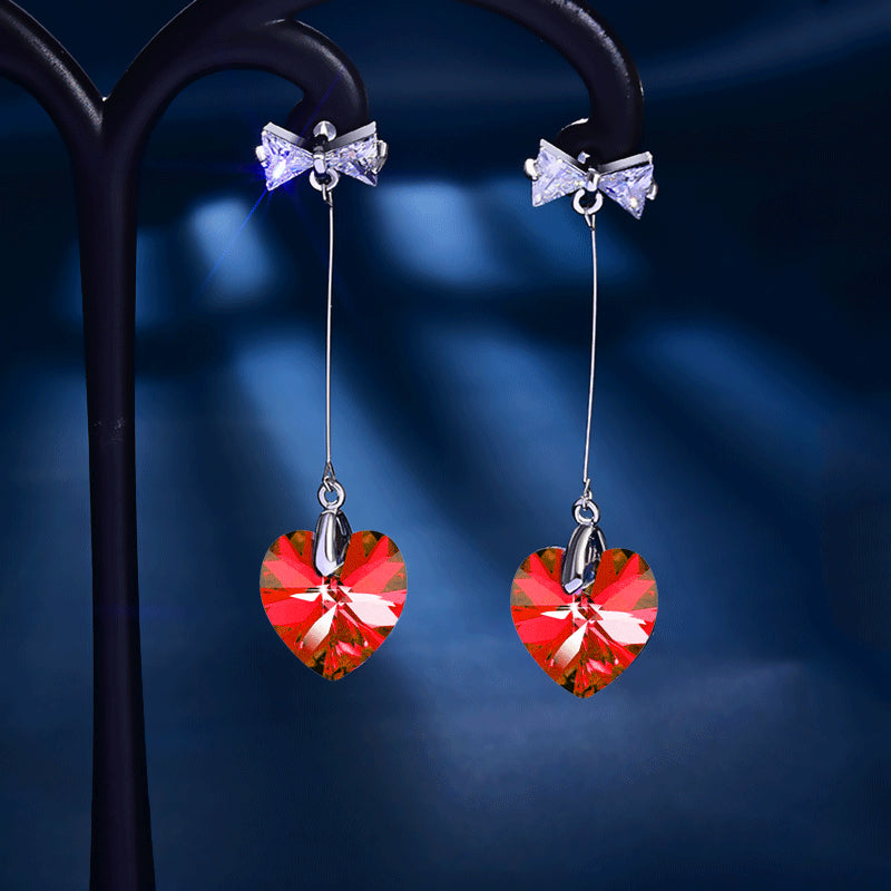 Fashion Ladies Long Color Crystal Diamond Heart Shape Pendant Stud Earrings Bow Knot Earrings Jewelry