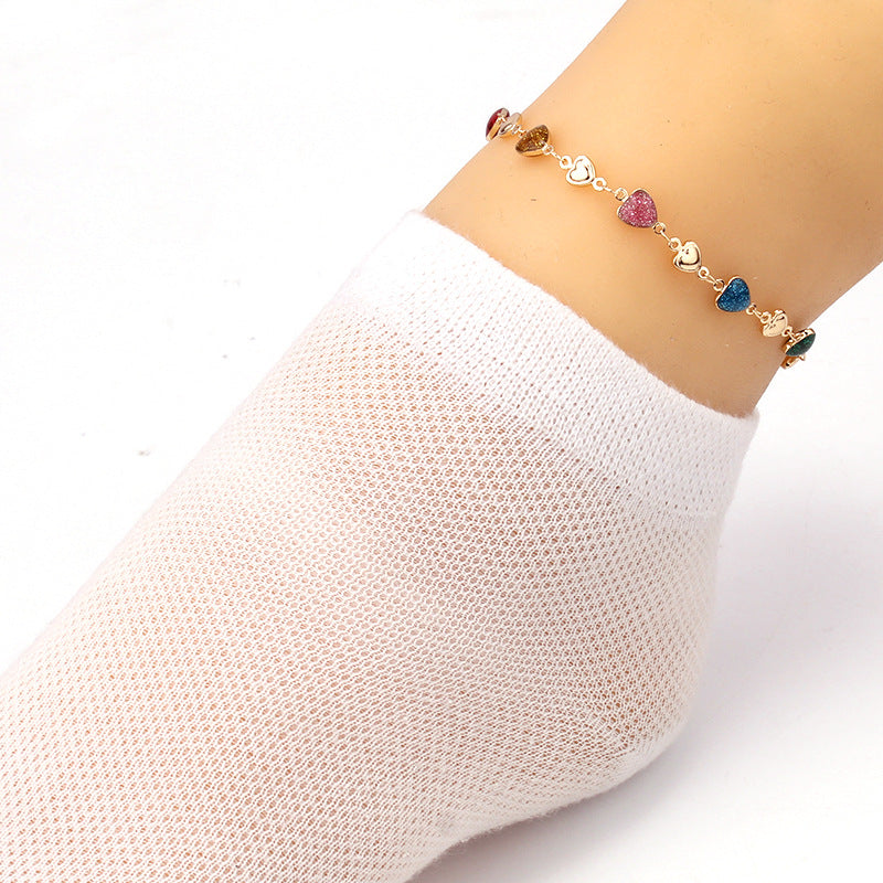 Fashion Copper Love Anklet Personalized Colorful Peach Heart Chain Necklace Bracelet