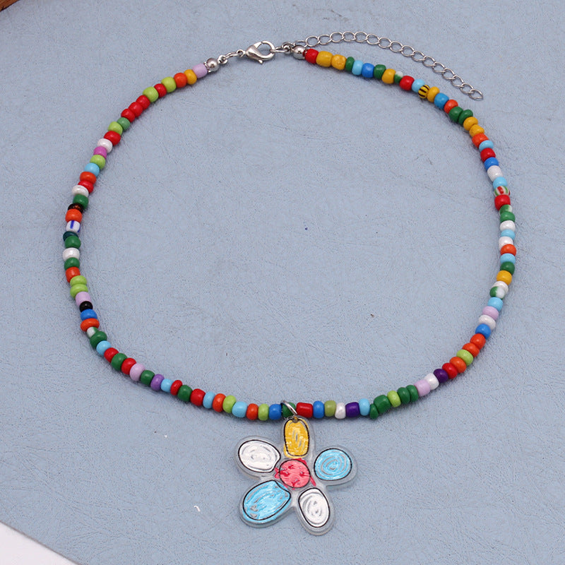 Colorful Beaded Necklace Cartoon Cute Niche Colorful Beaded Necklace Girl Heart Clavicle Chain Short Pendant