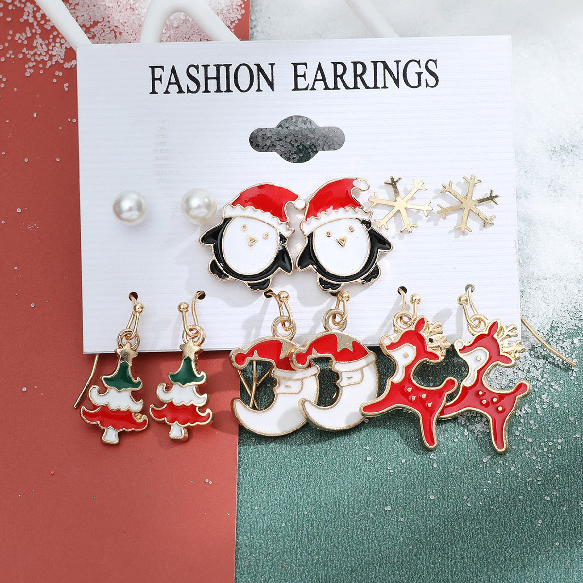 Christmas series snowflake bell earrings combination set cartoon oil dripping cane old man earrings female