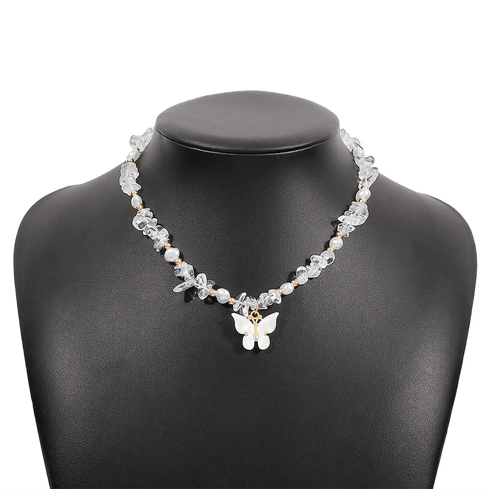 N9967 Net Red Necklace Female Xiaoxiang Retro Contrast Color Collarbone Necklace Imitation Pearl Butterfly Beaded Necklace