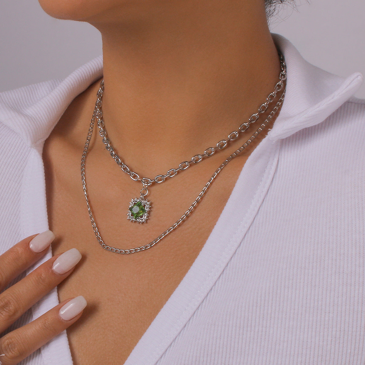 N129 Double Stacked Necklace Square Rhinestone Exaggerated Chain Necklace French Light Luxury Simple Necklace