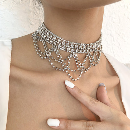 Jewelry Full Diamond Geometric Exaggerated Night Sexy Necklace Rhinestone Tassel Personality Internet Celebrity Necklace