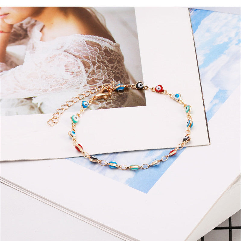 Fashion Women Bohemian Summer Peach Heart Eyes of Youth Short Clavicle Chain Bracelet Necklace Set