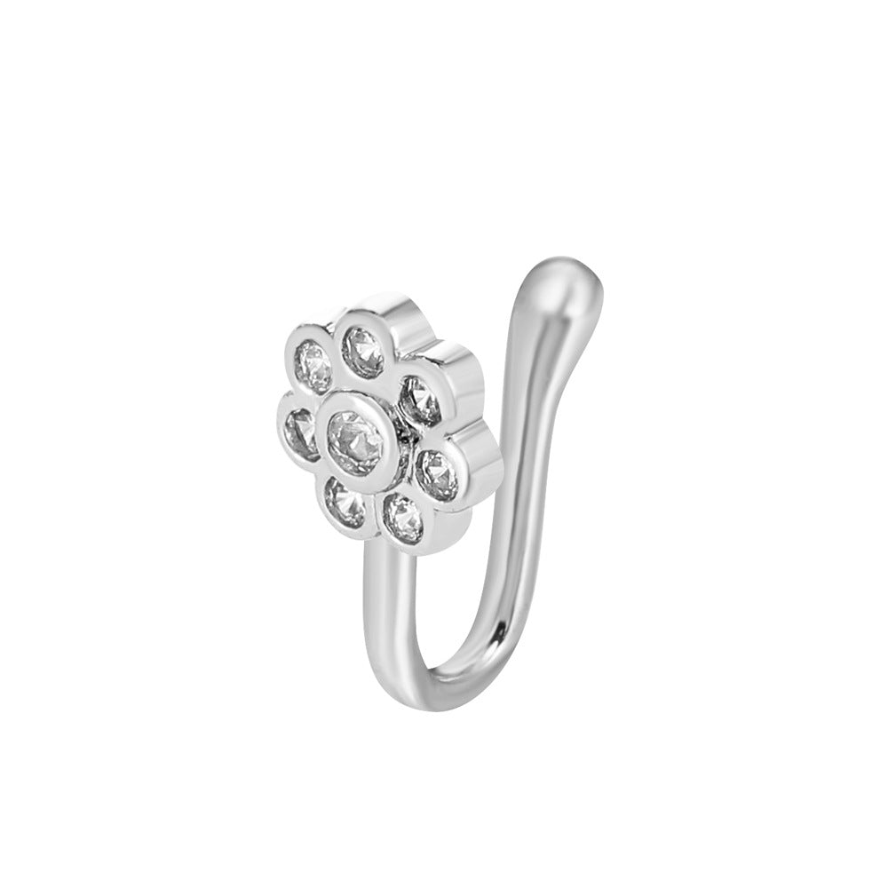 Flower zircon nose ring metal U-shaped micro-inlaid non-piercing nose nail simple piercing jewelry