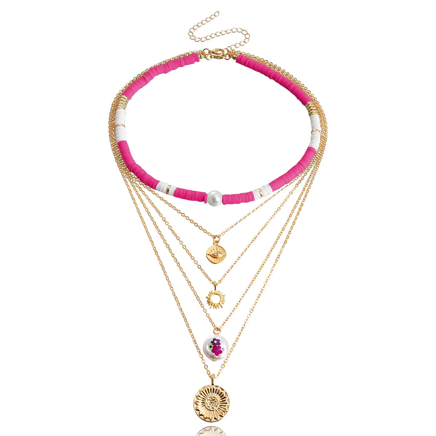 Jewelry Bohemian retro multi-layer color soft pottery geometric round pendant necklace female personality