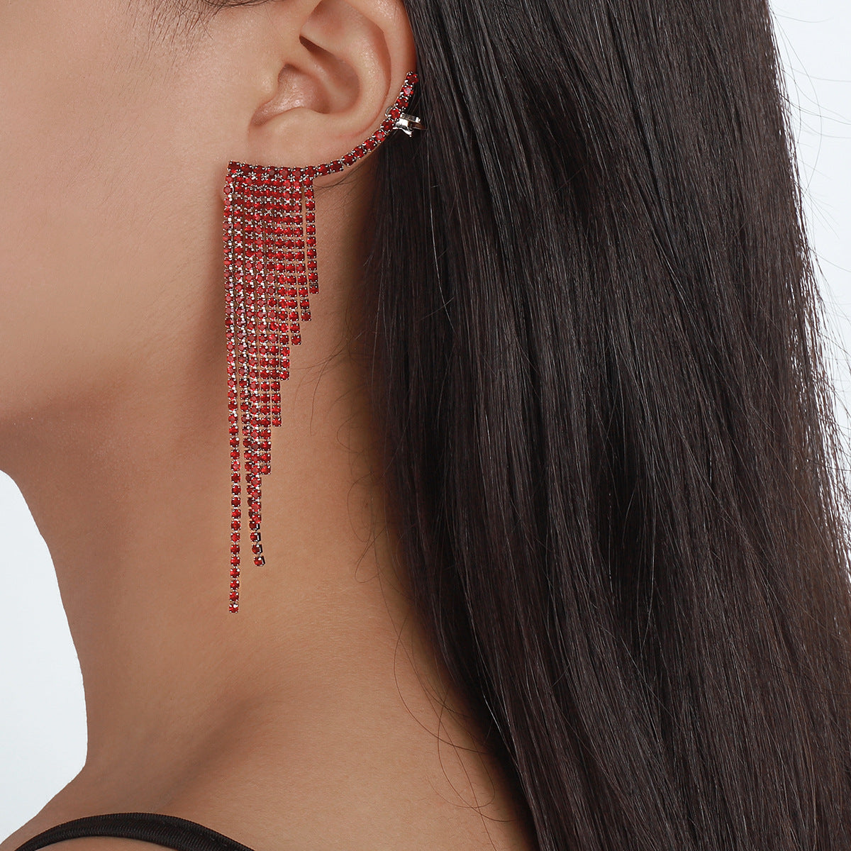 E1274 Temperament Simple Pop Earrings Net Red Tassel Rhinestone Ear Needles Geometric Banquet Exaggerated Earrings